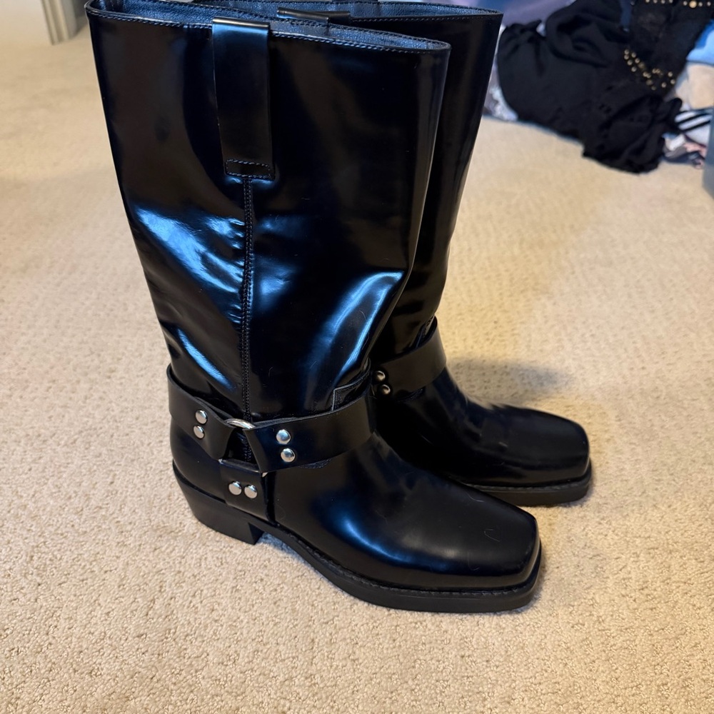 Genuine Polished Black Leather Moto Boots - NWOT